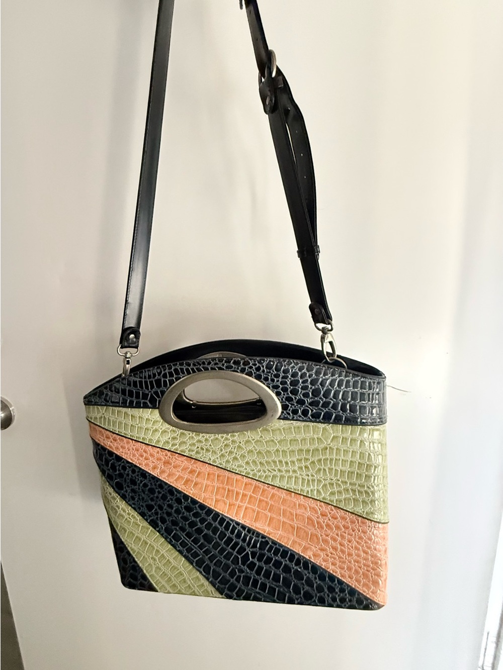 Beijo Croc-Embossed Panel Wristlet in Black, Olive & Orange
